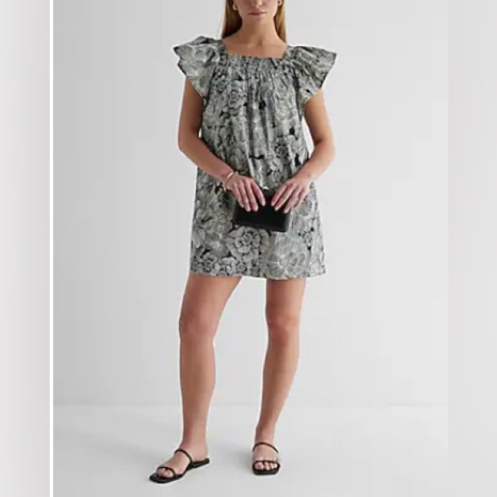 Express: Floral Square Neck Flutter Sleeve Poplin Mini Shift Dress